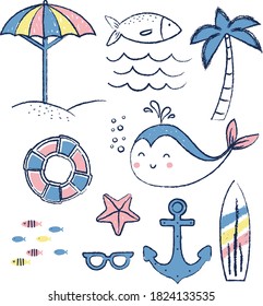 kids summer chest print, cute under water characters, t shirt print