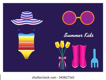 Kid's summer clothes on purple backgrounds