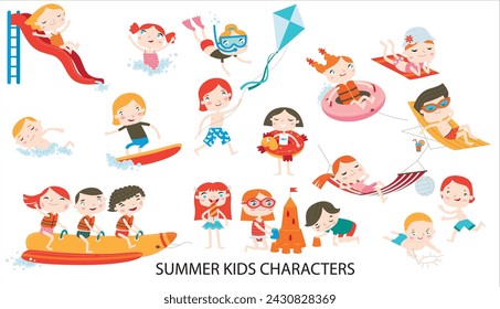 Kids Summer Day Vector Set - Spielen am Strand, Entspannen, Skateboard, Schiff, Spielen mit Sand, Niedlich - Logo, Maskottchen, Aufkleber, Clipart, T-Shirt Design Asset