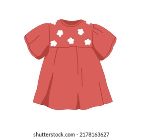 Kids summer dress. Girls childs clothes decorated with flowers. Little girly apparel, fashion wearing. Modern girlish childish garment. Flat vector illustration isolated on white background
