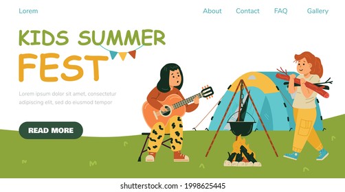 Kids Summer Festival Banner Mockup With Kids In Camping Lighting Fire, Flat Vector Illustration. Kids Summer Tourism And Camping Fest Webpage Template.