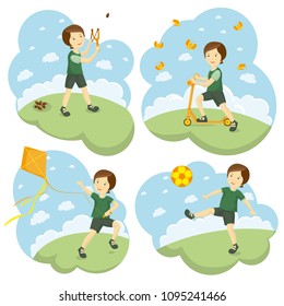 Kids summer games on sky background with clouds. A little boy plays football, launches a kite, rides a scooter, shoots acorns from a slingshot. Vector illustration.