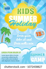 Kids summer holiday flyer, blue background, vector template