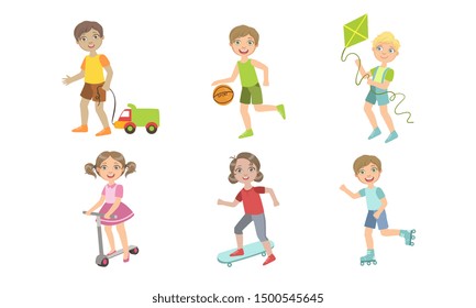 Kids Summer Outdoor Activities Set, Cute Boys and Girls Doing Sports, and Playing Vector Illustration