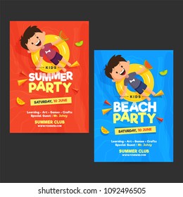 Kids Summer Party Flyer, Brochure or Banner Design with illustration of a Kid enjoying in the pool.