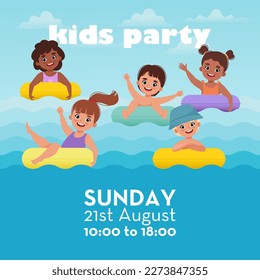 Kids Summer Party Post with happy children swimming on the rubber ring. Vector illustration in cartoon flat style