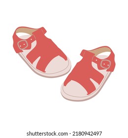 Kids summer sandals. Childs girls footwear pair. Girly foot wear with straps. Toddlers footgear. Flat vector illustration isolated on white background