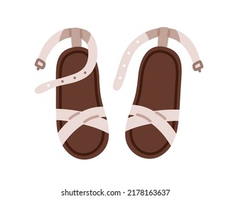 Kids summer sandals top view. Childs girls footwear pair. Girly foot wear with criss cross straps. Toddlers footgear. Flat vector illustration isolated on white background