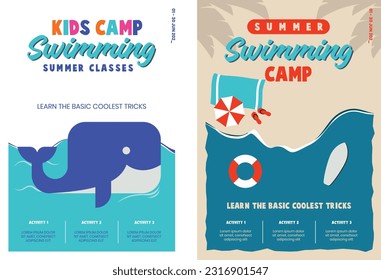 Kids summer swimming camp poster design, summer swimming classes for kids design template