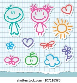 kids and summer symbols, vector hand drawn stickers