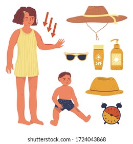 Kids sun protection vector flat illustration. SPF cream and protective stuffs for skin. Children sun cream. Heat stoke and danger of the sun. Cartoon flat illustration.