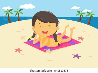 Kids sunbathe on the beach summer