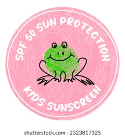 Kids sunscreen or block caring for skin, treatment and skincare for babies. SPF 50 sun protection for children. Isolated logotype for product, label or badge with frog drawing. Vector in flat style