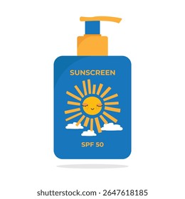 Design de produto de protetor solar para crianças com um sol bonito e nuvens. Bomba garrafa com um protetor solar creme ou loção para crianças bebê. Ilustração vetorial