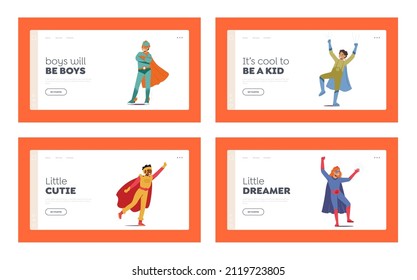 Kids Super Heroes Play Landing Page Template. Little Superhero Kids Wearing Costumes, Mask and Cloak Having Fun and Playing. Children Characters Theater Performance. Cartoon People Vector Illustration