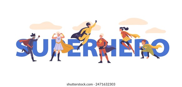 Kids Superhero Characters In Colorful Costumes, Striking Dynamic Poses Represent Teamwork, Strength, And Heroism