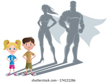 Kids Superhero Concept 2: Conceptual illustration of little children with superhero shadows. 