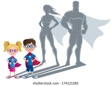 Kids Superhero Concept: Conceptual illustration of little children with superhero shadows. 