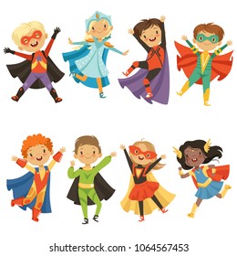 Kids in superhero costumes. Funny characters isolate on white background. Comic character kids in superhero costume, vector illustration