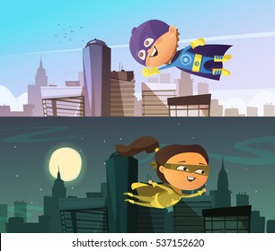 Kids superhero two flat horizontal banners with cartoon boy and girl figurines dressed in cloaks and masks and flying above town skyscrapers vector illustration