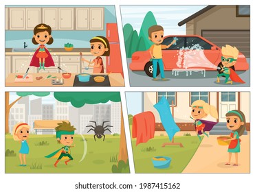 Kids Superheroes Cartoon Colored Icon Set Children In Costumes Help Cook Wash The Car Rescue From Adversity And Help Stir The Laundry Vector Illustration