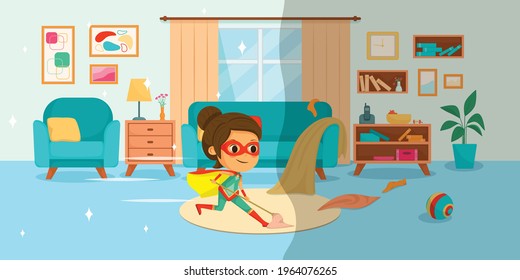 Kids superheroes cartoon composition with little girl in costume mopping floors of the house like superman vector illustration