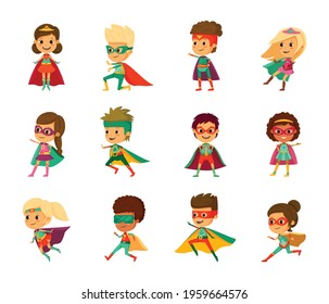 Kids superheroes cartoon icon set little boys and girls in different costumes with cloaks masks and other accessories vector illustration