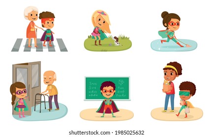 Kids superheroes cartoon isolated icon set with children help an old lady cross the street clean the floors and carry grocery bags vector illustration