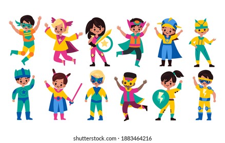 Kids superheroes. Children in superhero comics costumes, cute brave girls and strong boys in colorful bright capes and masks collection, different powers owners. Vector flat cartoon characters set
