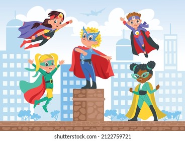 Kids superheroes in city. Comic children characters on street. Boys and girls in color capes posing among houses. Brave defenders in masks. Heroic team with superpowers