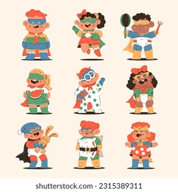 Kids superheroes in costume, mask and cloak vector cartoon characters set isolated on background.