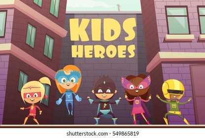 Kids superheroes vector illustration with team of comic cartoon characters dressed in superheroes costumes on isometric urban background