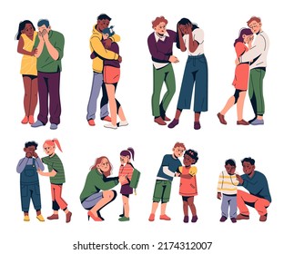 Kids support. Crying children and parental reassurance, moral friendly help, comforters with sad people, encouraging hugs, talk about problems, parenthood tidy vector cartoon flat style set