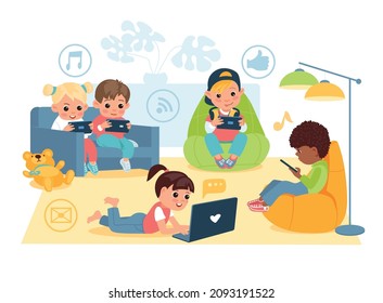Kids surf internet. Children sitting in room and hold gadgets in hands, boys and girls with smartphones and laptops, live communication problem, social media vector