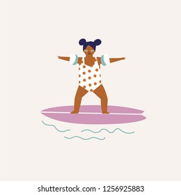 Kids surfing illustration in vector. Summertime poster or card