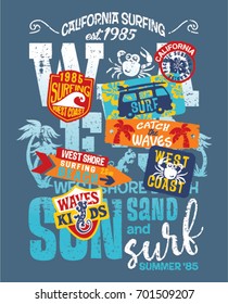 Kids surfing team West coast California, grunge vector print for children wear with embroidery patches