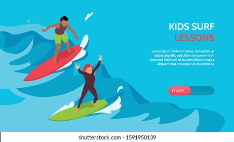 Kids surfschool lessons coaching supervision isometric horizontal landing page banner with children surfing in waves vector illustration 