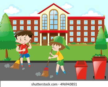 Kids sweeping the road illustration