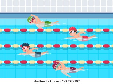 Kids swim. Childrens swimming competition in pool. Sports athletics children vector illustration