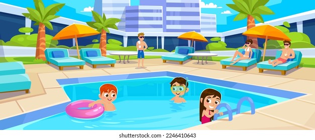 Los niños nadan en la piscina del hotel y los padres se relajan en las tumbonas, unas vacaciones familiares de verano en un complejo turístico. Vista panorámica de una piscina exterior con gente y niños. Ilustración vectorial de estilo de dibujos animados.