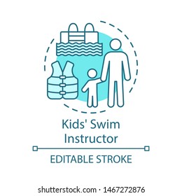 Kids swim instructor concept icon. Swimming teacher, coach idea thin line illustration. Educator, trainer. Swimming lesson. Learning and training. Vector isolated outline drawing. Editable stroke