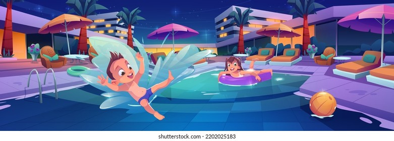 Los niños nadan y juegan en la piscina en un hotel de lujo. Paisaje veraniego de piscina con niño feliz saltando en agua, chica con colchón inflable por la noche, ilustración vectorial de dibujos animados