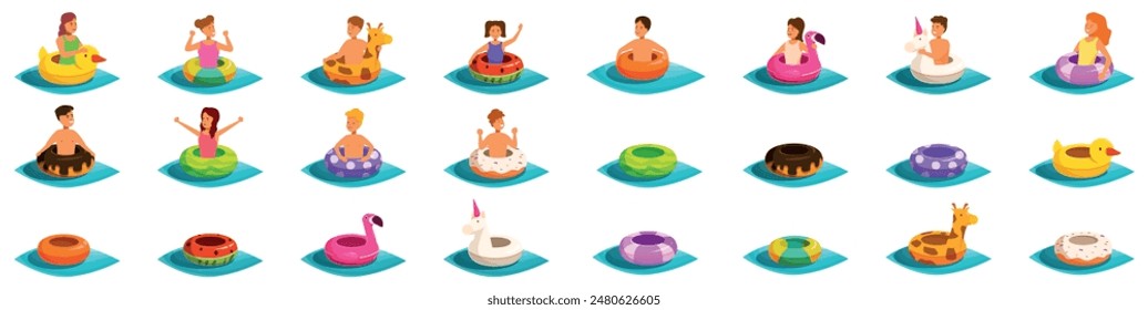 Kids swim rubber ring icons set. People relaxing on inflatable rings and having fun in swimming pool or on beach, summer vacation concept