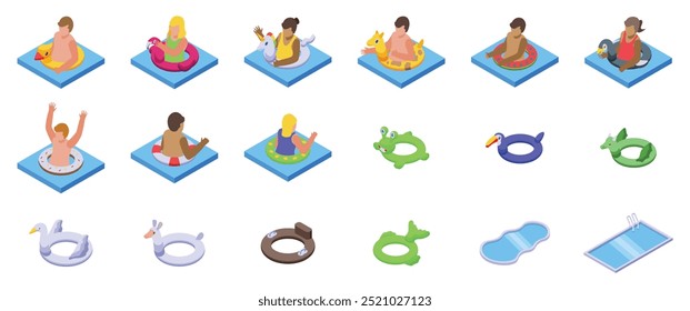 Kids swim rubber ring icons set. People are enjoying their time on inflatable rings of different shapes, swimming pool top view