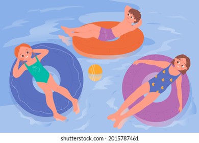 Kids swim in swimming pool, children sunbathe, tropical resort vacation vector illustration. Cartoon boy girl child character in swimwear floating on inflatable rubber circles in blue water background