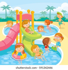 Kids Swimming In Aqua Park With Water Slide