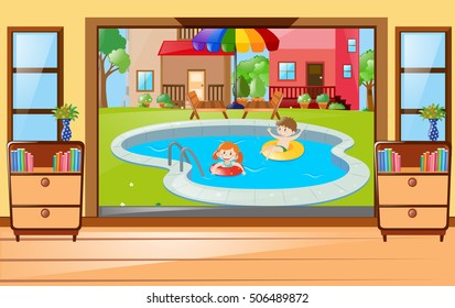 Kids swimming in the backyard illustration