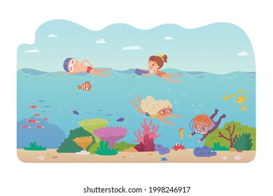 Niños nadando y buceando en el mar. Niños en el agua y bajo el agua divertidos en la ilustración vectorial de verano. Niños y niñas con gafas mirando al pez y a la vida marina en el fondo.