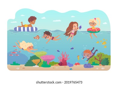 Kids swimming and diving in sea. Children in water and underwater having fun in summer vector illustration. Boys and girls on inflatables and in goggles looking at fish and sea life.