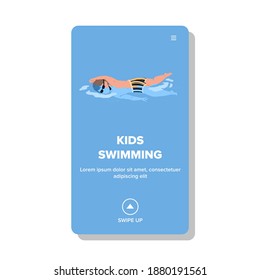 Kids Swimming And Exercising In Waterpool Vector. Boy Kid In Swimwear And Glasses Swimming In Water Pool. Character Child Sport Fitness And Leisure Time Web Flat Cartoon Illustration